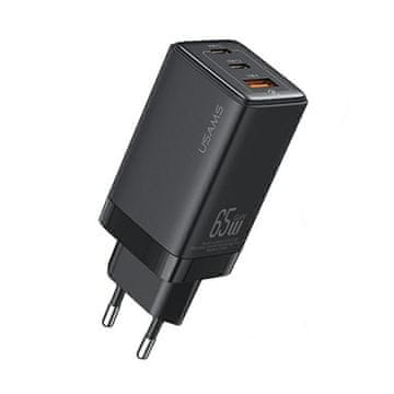 USAMS 65W GaN punjač za brzo punjenje, 2xUSB-C, 1xUSB, crni