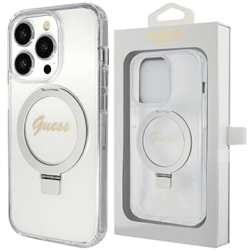 Guess Guess Futrola S Prstenom I Stalkom, Natpisom I Šljokicama Za Magsafe Za Iphone 15 Pro 6.1