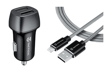 Tactical Taktički auto punjač 2x USB-A QC 24W 3A s kablom Lightning LICENCIRANI PUNJAČ - sivi