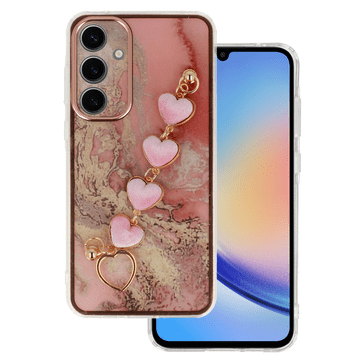 Onasi Trendy Marmor silikonska maskica z zapestnico za Samsung Galaxy A25 - roza s srčkami