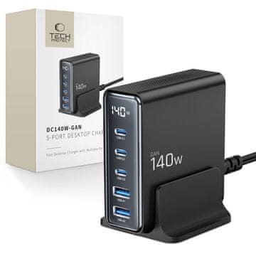 Tech-protect DC140W 5 Port GaN punjač 2x USB / 3x USB-C 140W PD QC, crno