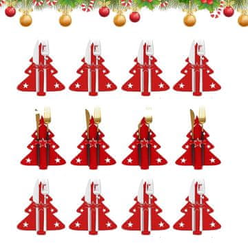 Netscroll 12-dijelni božićni set za pribor, dekorativni džepić od filca u obliku božićnog drvca, crvene boje, za blagdanski stol, idealno za večere i zabave, Festives