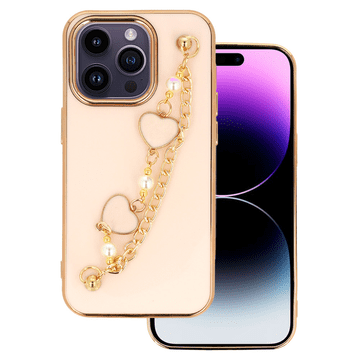 Onasi Trendy silikonska maskica z zapestnicom za iPhone 14 Pro - roza s srcem