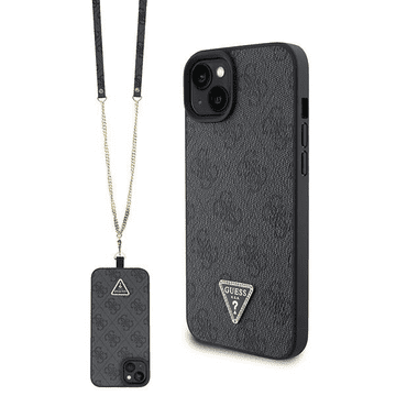 Guess GUHCP15SP4TDSCPK silikonska maskica za iPhone 15 - crna s zlatnim trokutastim logom i remenom