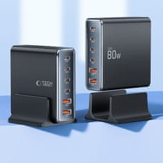 Tech-protect DC80W 6 Port GaN punjač PD 80W / QC, crno