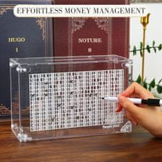 Netscroll Motivacijska kasica za novac, štedna kutija, akrilna prozirna kutija, piši-briši dizajn, za štednju do 10.000 €, s utorom za kovanice i novčanice, MoneyBox