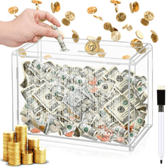 Netscroll Motivacijska kasica za novac, štedna kutija, akrilna prozirna kutija, piši-briši dizajn, za štednju do 10.000 €, s utorom za kovanice i novčanice, MoneyBox