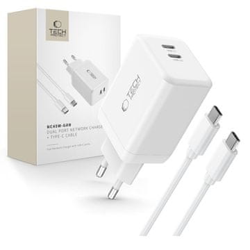 Tech-protect NC45W GaN punjač 2x USB-C 45W + kabel USB-C, bijela