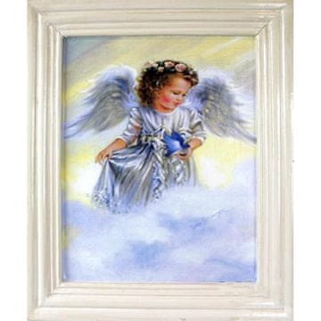 Slika anđelice u oblacima u starinskom bijelom okviru 38x32cm