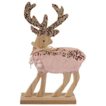 Figurka drvenog sobova s ružičastim krznom i šljokicama 13x4x22.5 cm