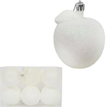 Set od 6 božićnih kuglica, bijele jabuke sa šljokicama, plastične, 6 cm