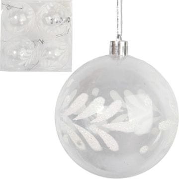 Set od 4 prozirnih plastičnih kuglica s bijelim snježnim dekorom, 8 cm