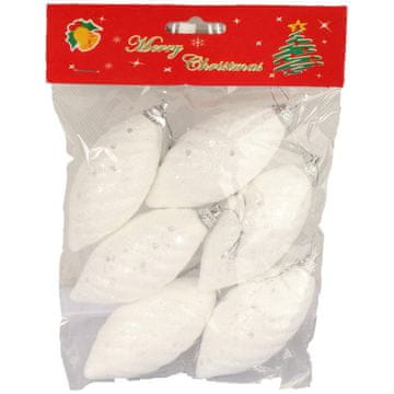 Set od 6 bijelih stiroporastih kuglica u obliku češera sa šljokicama, 9 cm