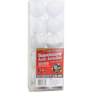 Srebrne pamučne svjetleće kugle s 10 LED, 5cm, na baterije 2xAA, duljina kabela 165cm