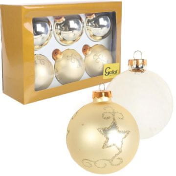 Set od 6 elegantnih staklenih kuglica za bor u krem nijansi sa srebrnim šljokicama 8cm