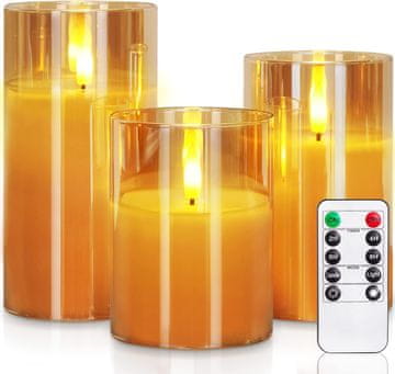 Netscroll Set od 3 LED svijeće bez plamena, topla žuta svjetlost, daljinsko upravljanje, podesiva jačina svjetla i timer, elegantne dekorativne svijeće za dom, zabave i blagdane FlickCandles
