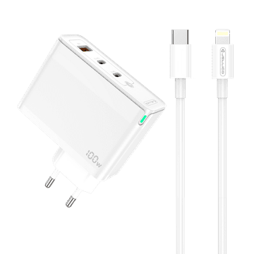 Jellico Adapter hišni punjač 220V Gun QC 100W ulaz 1x USB A (22,5W) i 2x Type C (1x 65W + 1x 35W) + kabel Type C - Lightning - Original (EU Blister) bijeli