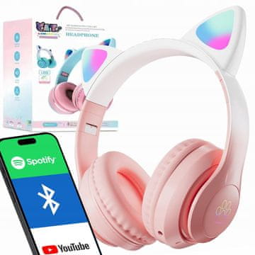 Dexxer Aku. LED RGB bežične gaming slušalice s mačjim ušima + mikrofon ružičaste boje