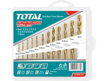 Total svrdla za metal TACSD0125 Metal drill bits, set of 12, 2,2.5,3,3.5,4,4.5,5,5.5,6,6.5,7,8mm, HSS