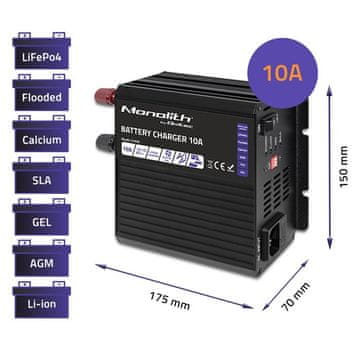 Qoltec Qoltec 51958 Pametni punjač Monolith, 10A, 12V - LiFePO4/AGM/GEL/SLA