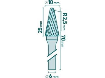Extol Industrial Glodalica (8703784) carbide milling cutter, conical rounded (R 2.5mm), dia. 10x25mm/shank 6mm, medium cut (double-cut)
