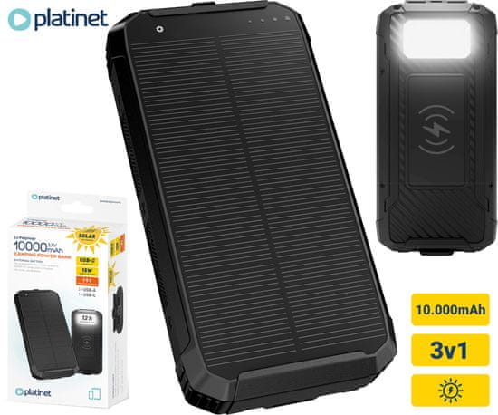 Platinet Solar Powerbank bežični punjač, 10.000 mAh, 1xUSB-C, LED svjetlo (PMPB10SPW15)