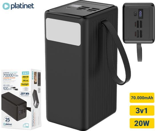 Platinet Powerbank, 70.000 mAh, 4xUSB-A, 2xUSB-C, LED svjetlo (PMPB7020)