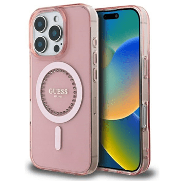 Guess Originalna maskica GUHMP16LPFTDTEP za iPhone 16 Pro - MagSafe - roza s kristalčićima