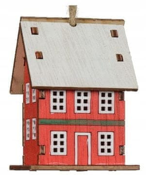 Kaemingk Drveni privjesak za božićno drvce 4,5x6x7cm Šarena kućica s juta konopcem