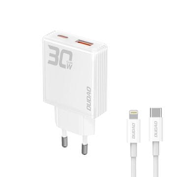 DUDAO A30EUL GaN punjač USB / USB-C 30W + kabel USB-C / Lightning, bijela
