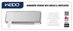 KEDO Keramička zidna grijalica WIFI s regulatorom, bijelo staklo, 2000W