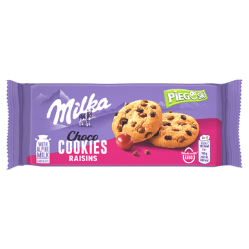 Mondelez Milka Pieguski čokoladni kolačići s komadićima mliječne čokolade i grožđicama 135 g