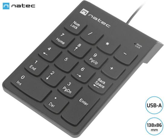 Natec Goby 2 numerička tipkovnica, 18 tipki, Plug&amp;Play, USB-A, 150cm kabel, crna