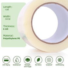 Netscroll Vodootporna ljepljiva folija za popravke, prozirna traka 30 cm x 10 m, za plastenike, tende, šatore i PVC, otporna na UV zračenje, kišu i temperature, Patch