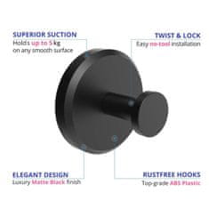 Netscroll Samoljepljive vakuumske kuke bez bušenja, za pločice, staklo i metal, 2 kom, drže do 7 kg, otporne na vlagu, crne, kuke za kupaonicu, Hook