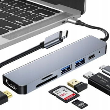 Dexxer Aluminij. USB-C 6-u-1 USB 3.0 HDMI i adapter za čitač kartica