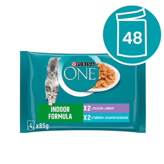 Purina ONE Indoor vrećice za mačke, mini fileti s tunom i grahom te teletinom i mrkvom u soku, 48 x 85 g