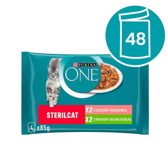 Purina ONE SterilCat vrećice za mačke, mini fileti s puretinom, lososom, mrkvom i zelenim grahom u soku, 48 x 85 g