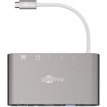Goobay USB-C / RJ45 + HDMI + VGA + miniDP + 3x USB 3.0 + 3,5 mm + utor za SD karticu – srebrni višenamjenski adapter / dok
