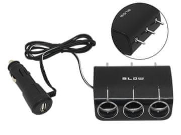 Blow 96-878# Razdelnik za automobilski upaljač 1x utikač/3x utičnica+USB cs-34 s prekidačima + kabel