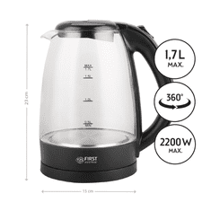 First Austria Prvi grijač vode 1,7L, 2200W, staklo, crno