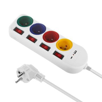 slomart Produžni kabel Maclean, 4x 230V + USB A/C utičnice, prekidači, 1.5m, bijeli