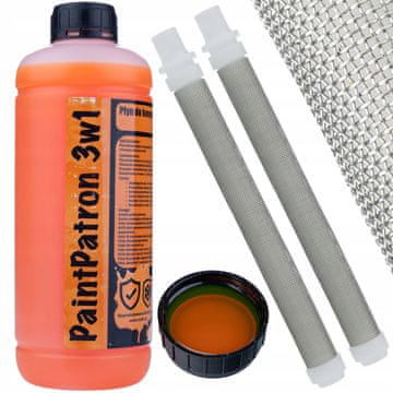 Rosfix PaintPatron 3u1 1L tekućina za održavanje i čišćenje za prskalice za boju + Set od 2 bijela filtera za prste 60 mesh za prskalice za boju