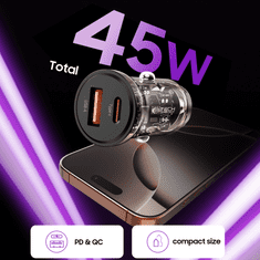 Tech-protect CC01 auto punjač USB / USB-C 45W PD QC, crno