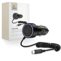 Tech-protect CC05 auto punjač USB / USB-C 60W PD + kabel USB-C, crno