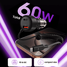Tech-protect CC05 auto punjač USB / USB-C 60W PD + kabel USB-C, crno