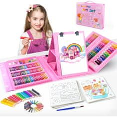 JOJOY® Umjetnički set 208 dijelova s podiznim štafelajem, netoksični materijali, za djecu 3+ – bojice, flomasteri, akvarel | ARTIMASTER, roza