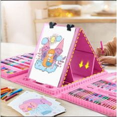 JOJOY® Umjetnički set 208 dijelova s podiznim štafelajem, netoksični materijali, za djecu 3+ – bojice, flomasteri, akvarel | ARTIMASTER, roza