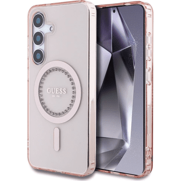 Guess Originalni ovitek GUHMP16SPFTDTEP za Samsung Galaxy S25 5G - MagSafe - roza s kristalima