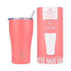 ESTIA HOME ART Fusion Coral izolirana putna šalica, 500 ml, slamka, nehrđajući čelik, crvena